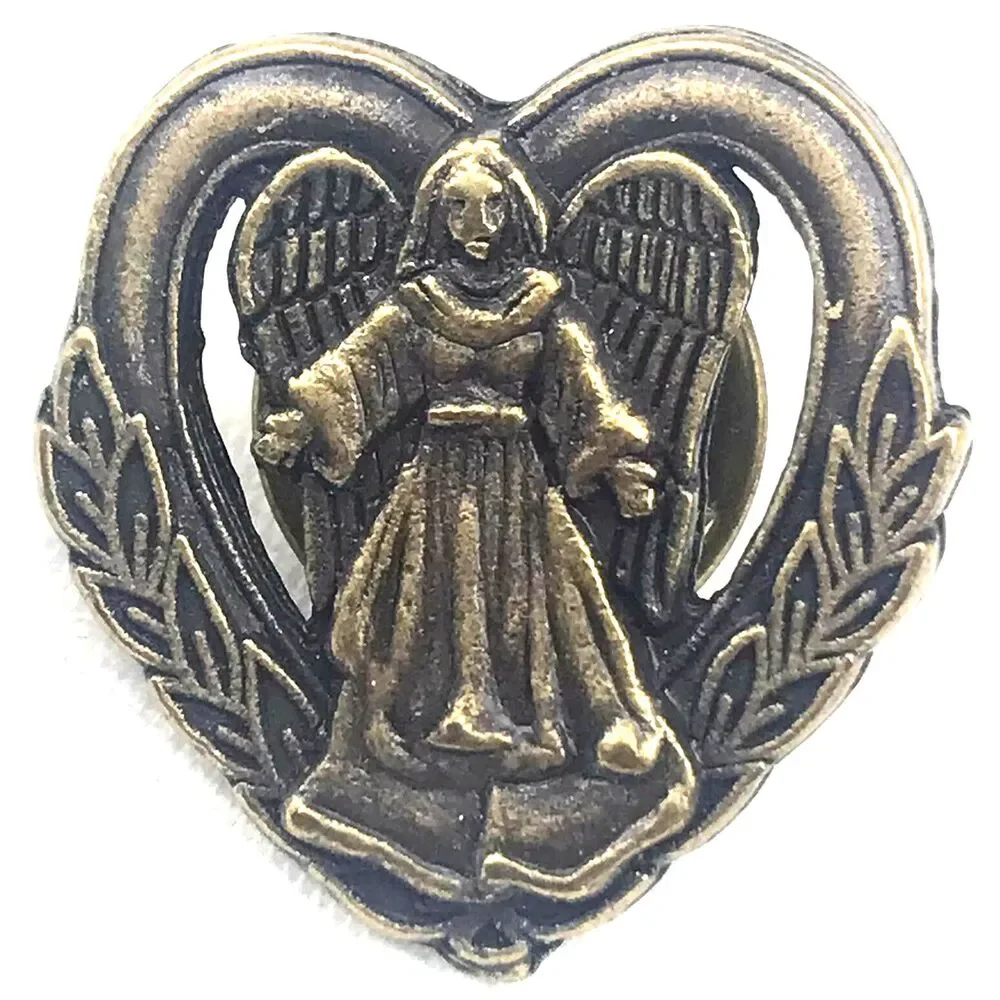 Vintage Heart Shaped Angel Catholic Christian Pin Brass Tone Brooch Protection